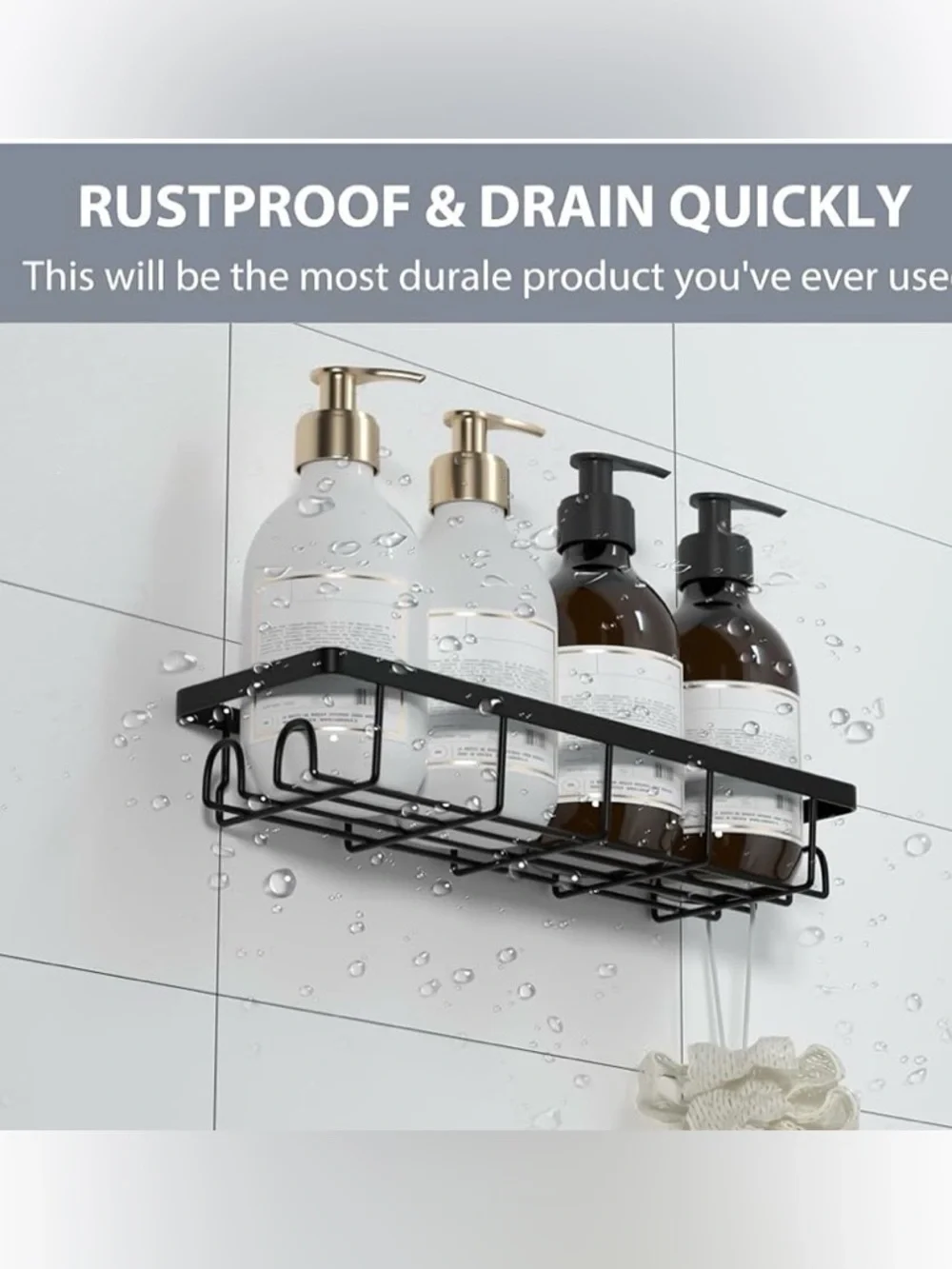 Black Wall-Mounted Bathroom Shower Shelf - Matte Black Organizer NWT